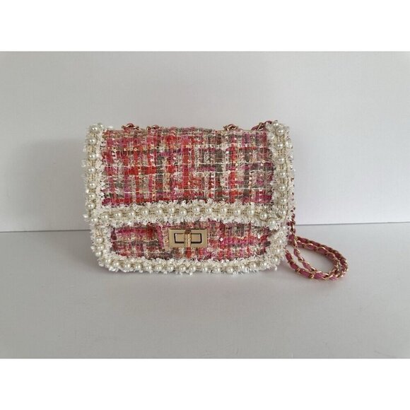 Women’s Chain‎ Pearl Pink Tweed Crossbody Bag Satchel Barbie Princess Coquette - Picture 9 of 13